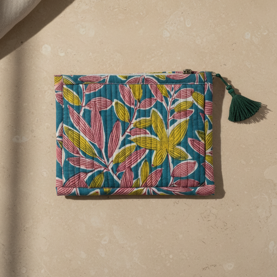 Multicolor Kalamkari Leaf Print Cotton Pouch