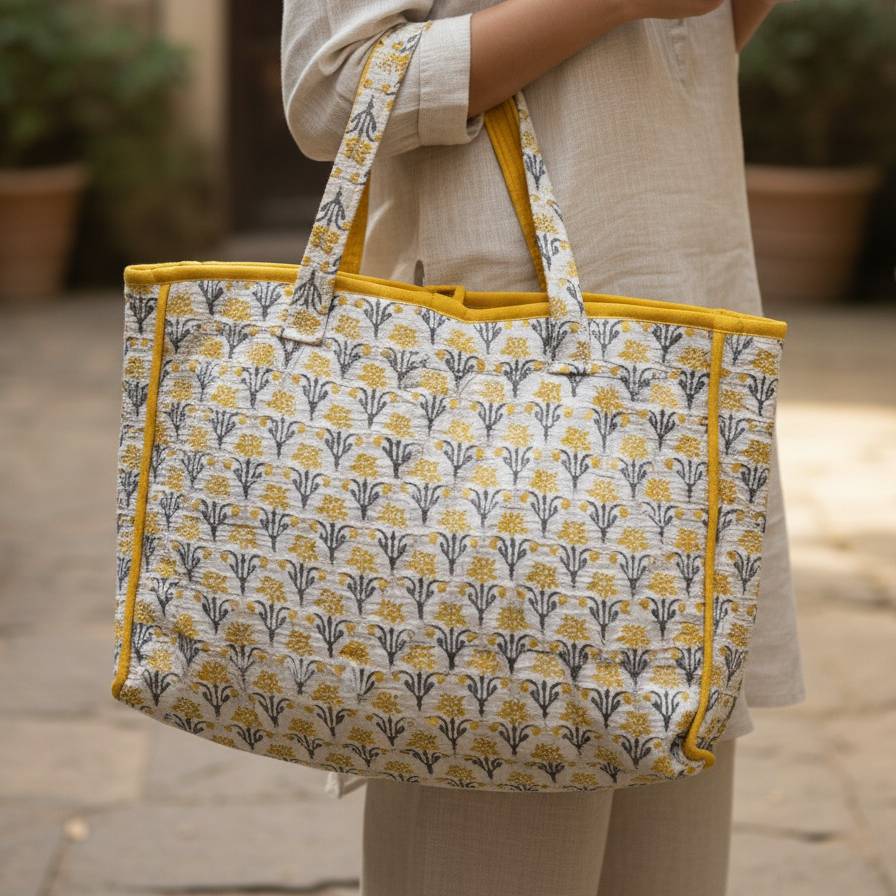 Mustard Sanganeri Buta Print Large Tote Bag