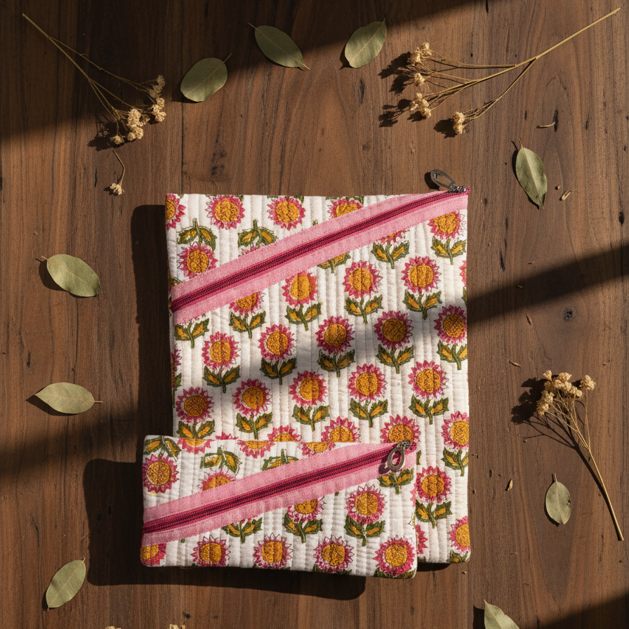 White Pink Sanganeri Buti Print Zipper Pouch