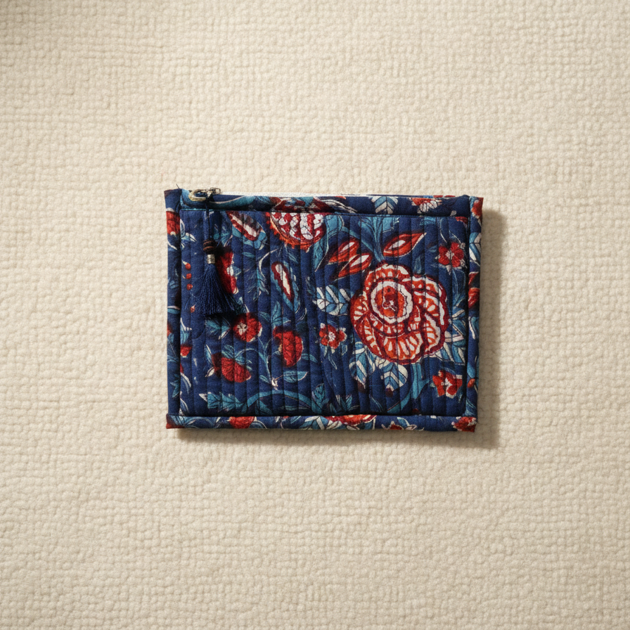 Navy Blue Kalamkari Floral Print Cotton Pouch