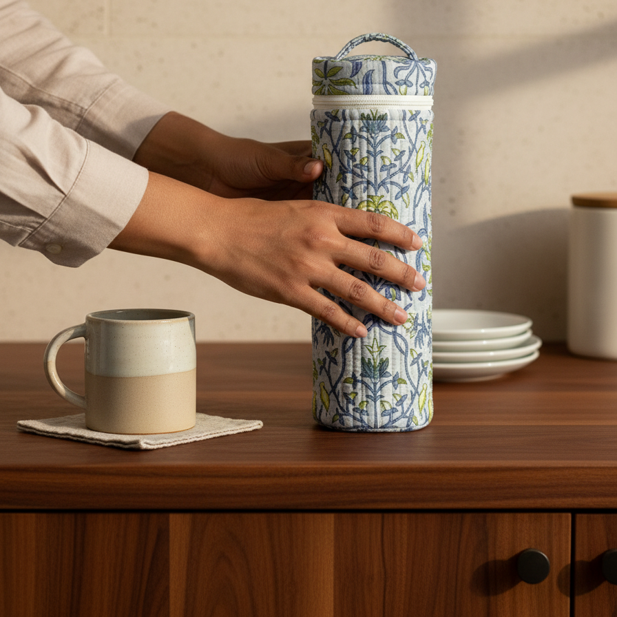 White Blue Sanganeri Floral Print Water Bottle Cover