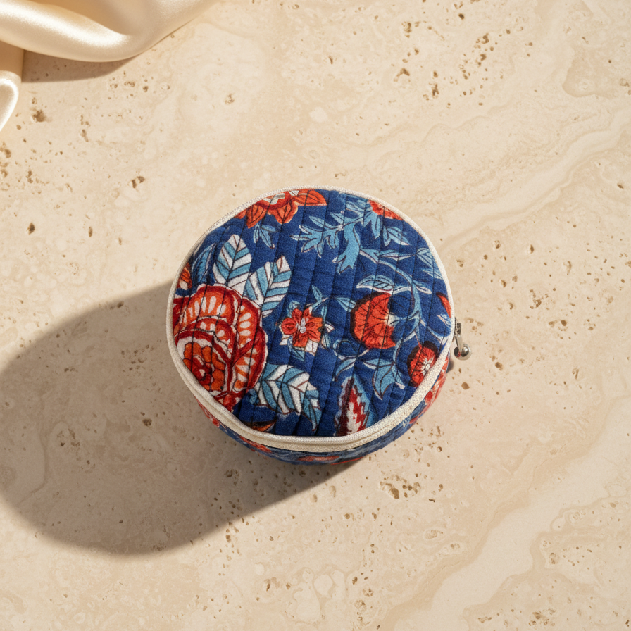 Blue Kalamkari Floral Print Round Jewelry Box