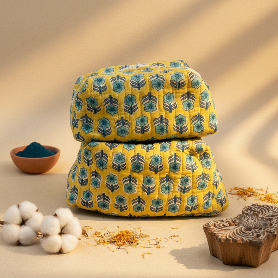 Yellow Bagru Buta Print Organiser Set