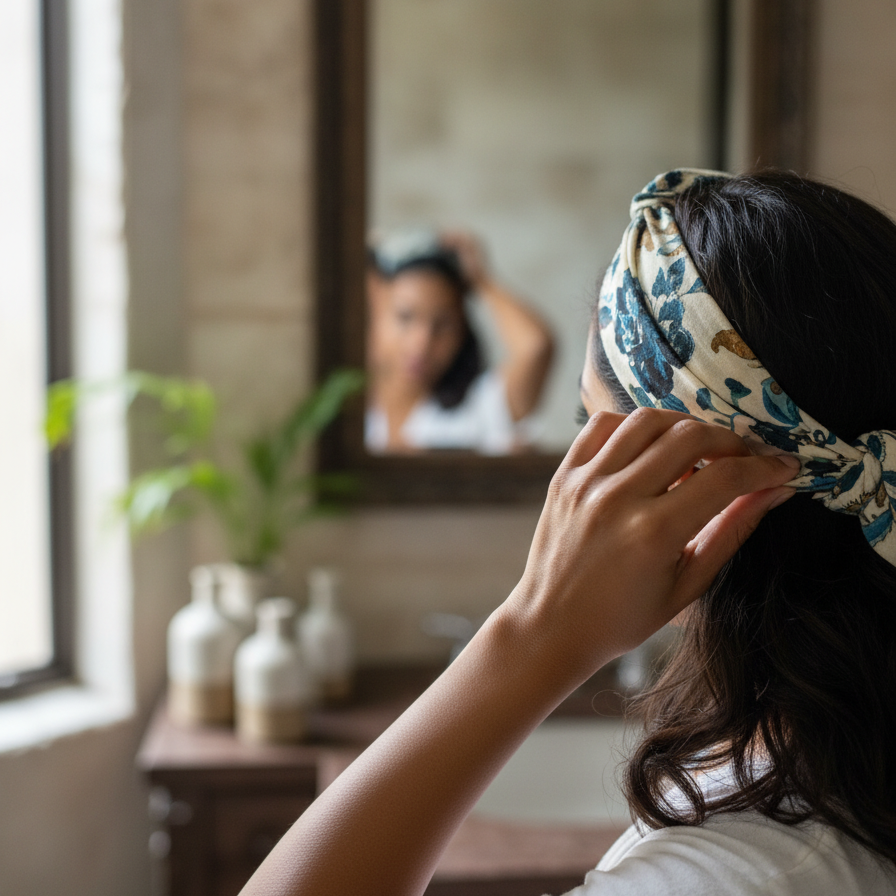 Beige Bagru Floral Print Hair Band