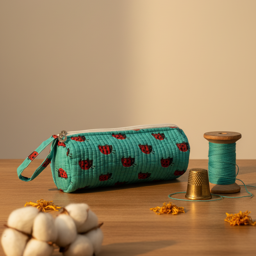 Turquoise Bagru Buti Print Pencil Pouch