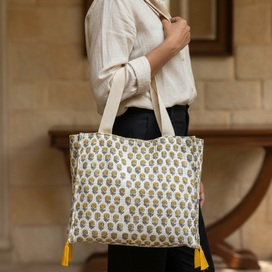 Beige Sanganeri Buta Print Drawstring Tote Bag