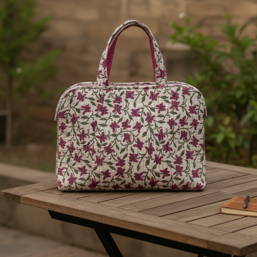 Cream Sanganeri Floral Print Handbag
