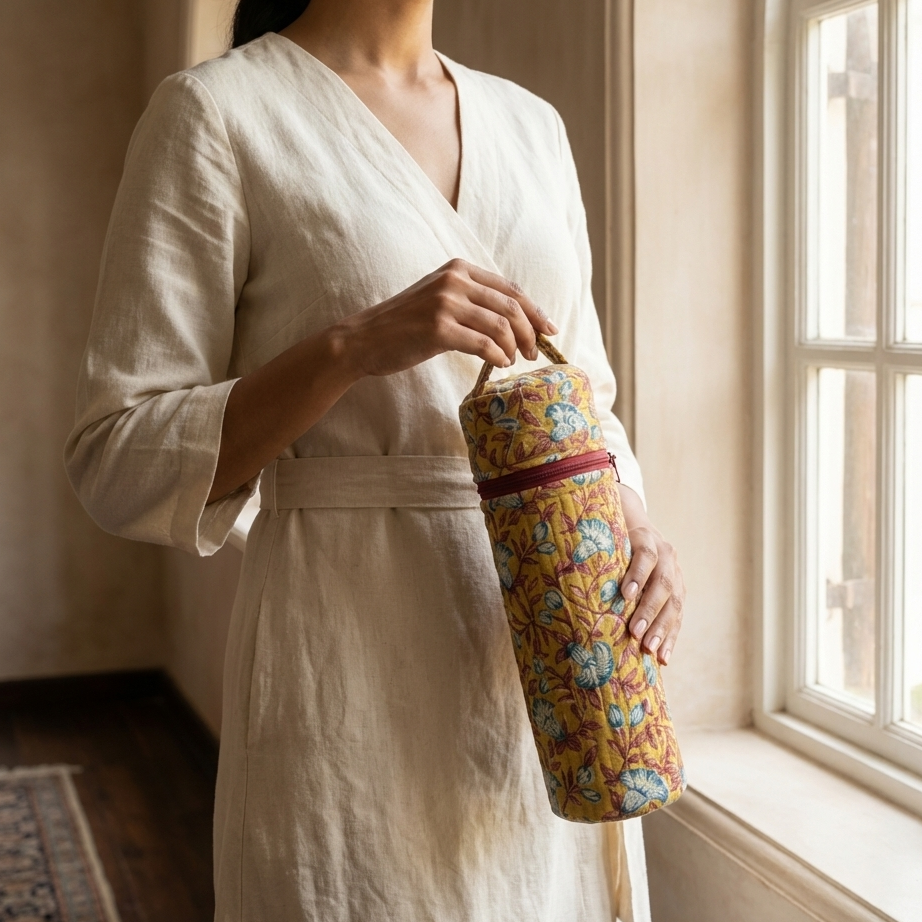 Mustard Kalamkari Floral Print Bottle Cover