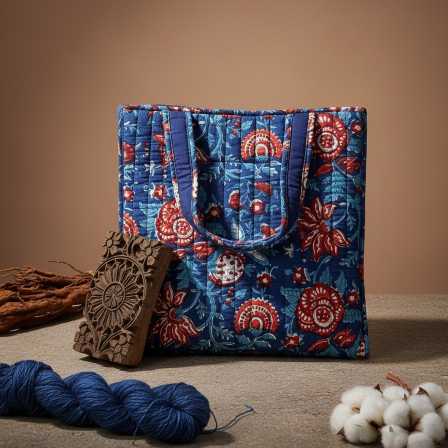 Indigo-Red Bagru Floral Print Shoulder Tote Bag