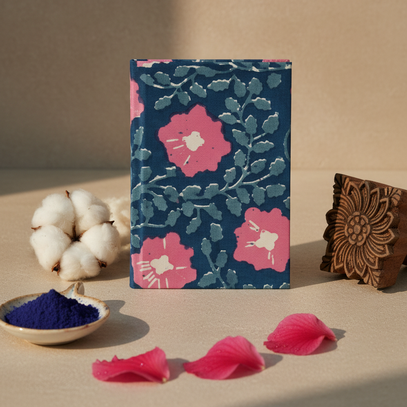 Blue Pink Bagru Floral Print Notebook