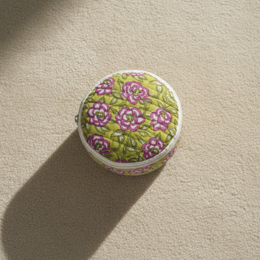Green Pink Floral Print Round Vanity Case