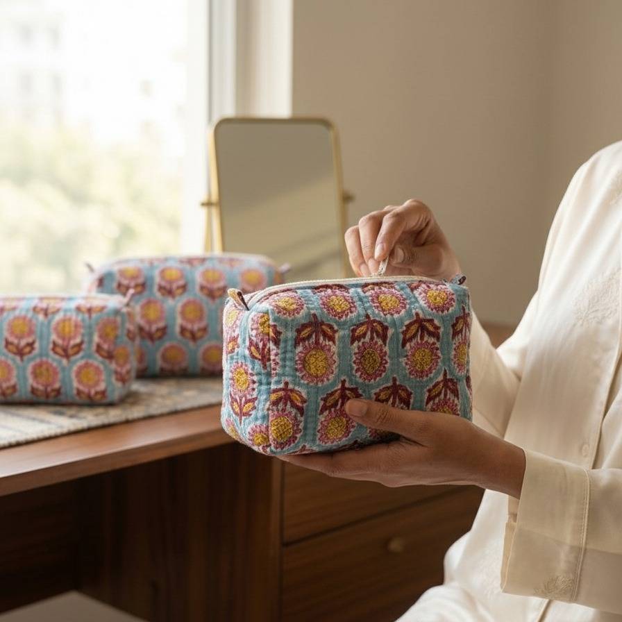 Multicolor Bagru Floral Print Quilted Travel Pouch Set