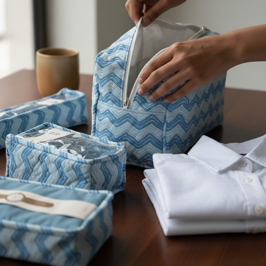 Sky Blue Dabu Chevron Print Travel Organizer Set