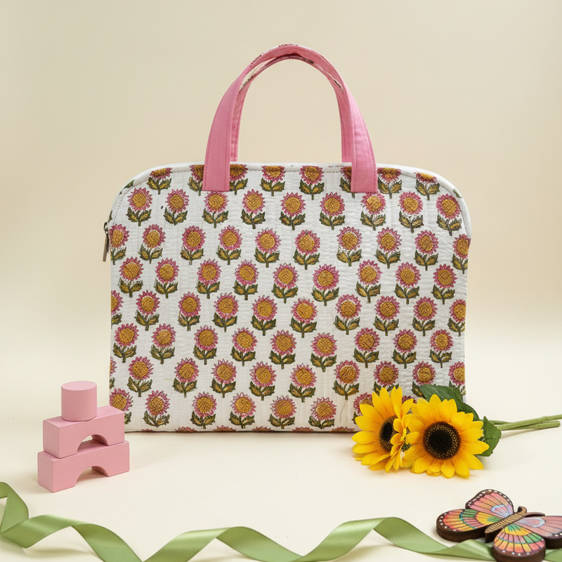Cream Sanganeri Buta Print Laptop Bag