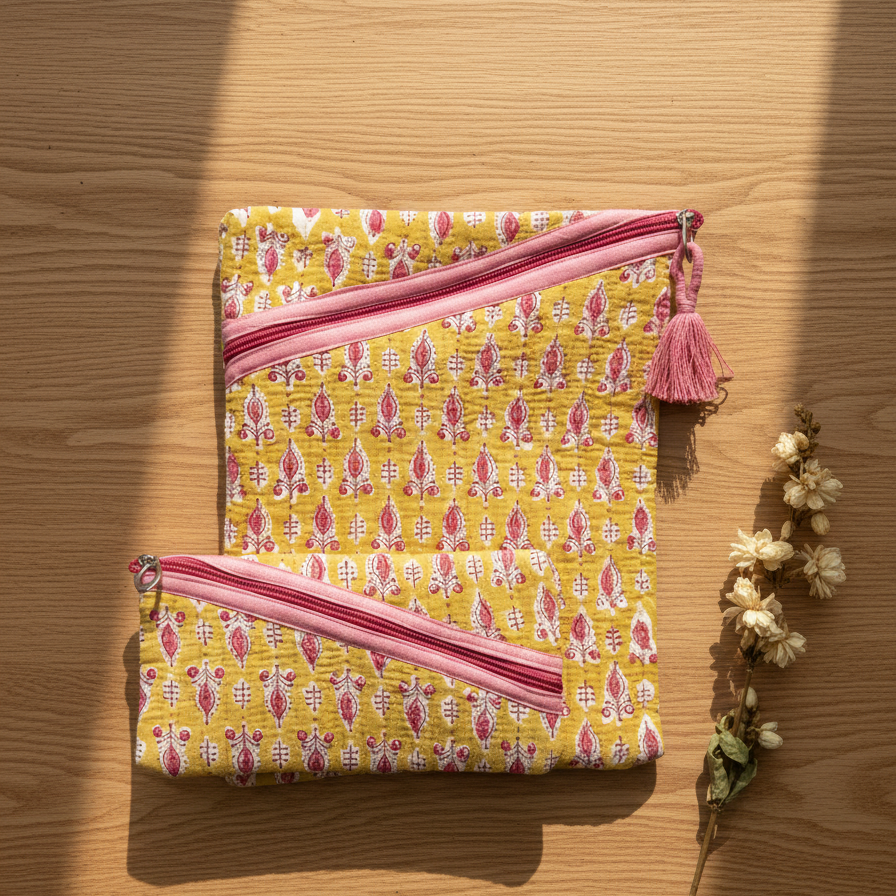 Mustard Sanganeri Booti Print Zipper Pouch Set