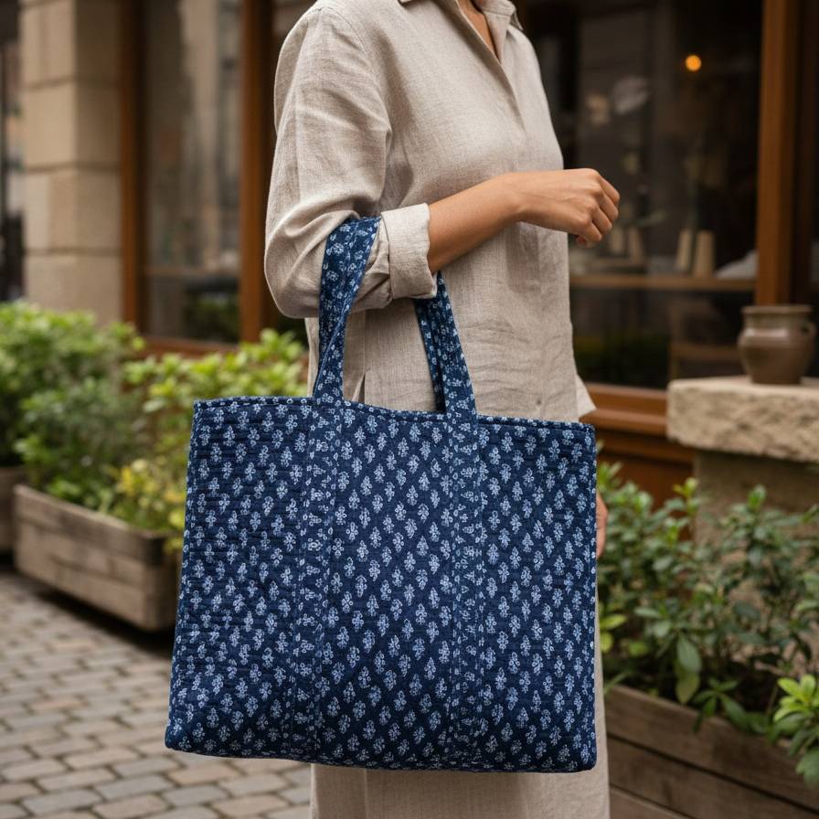 Navy Ajrakh Geometric Print Tote Bag