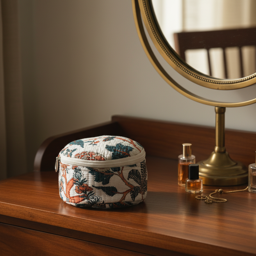 Ivory Multicolor Floral Print Round Vanity Case