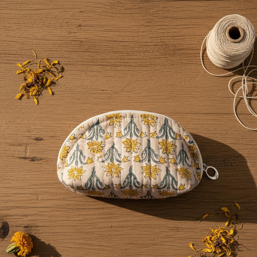 Off White Bagru Floral Print Half Moon Pouch