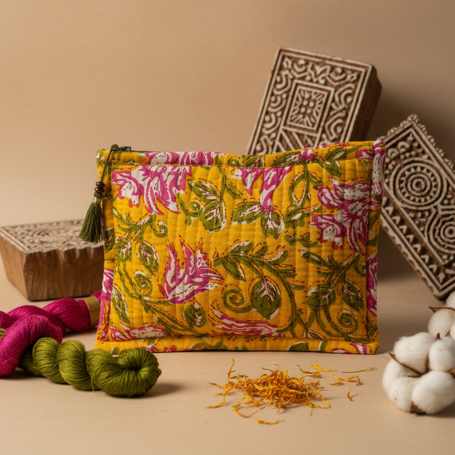 Multicolor Kalamkari Floral Print Pouch