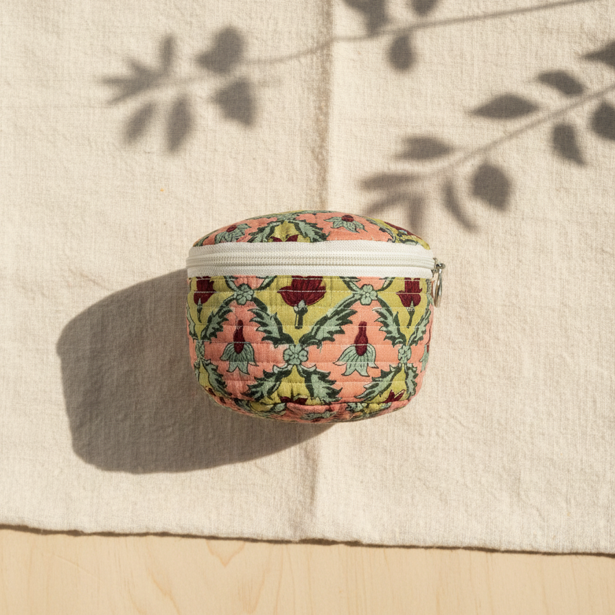 Beige Kalamkari Floral Print Round Jewelry Box