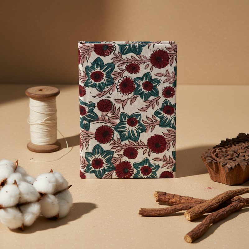 White Red Bagru Floral Print Notebook