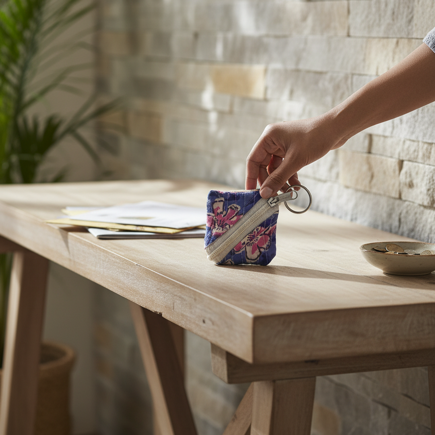 Indigo Bagru Floral Print Keychain Pouch