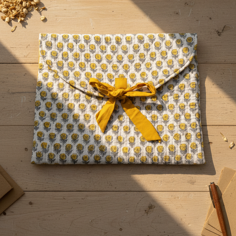 White Yellow Bagru Buti Print Pouch
