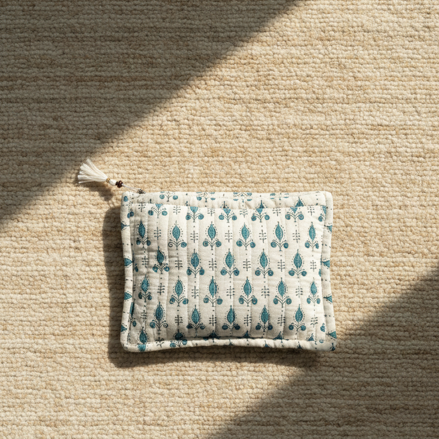 White Blue Sanganeri Buti Print Cotton Zipper Pouch