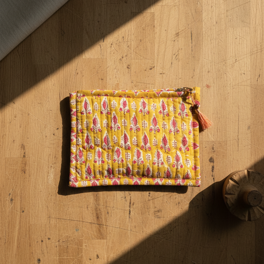 Mustard Bagru Buti Print Cotton Zipper Pouch