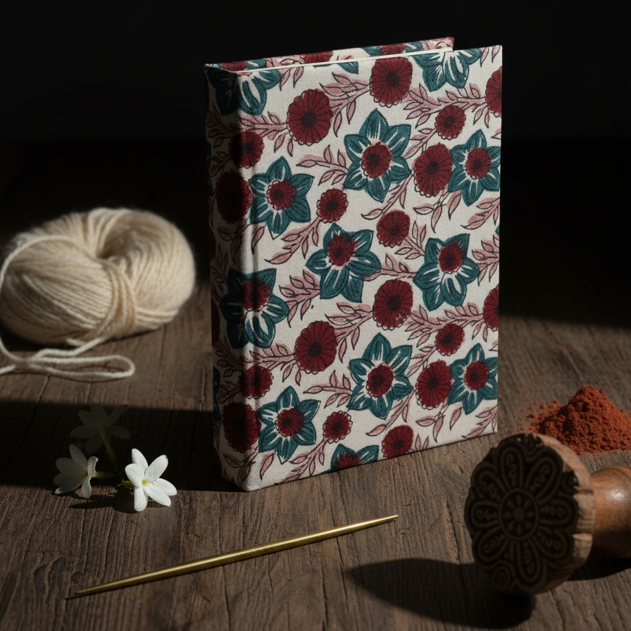White Red Sanganeri Floral Print Fabric Notebook