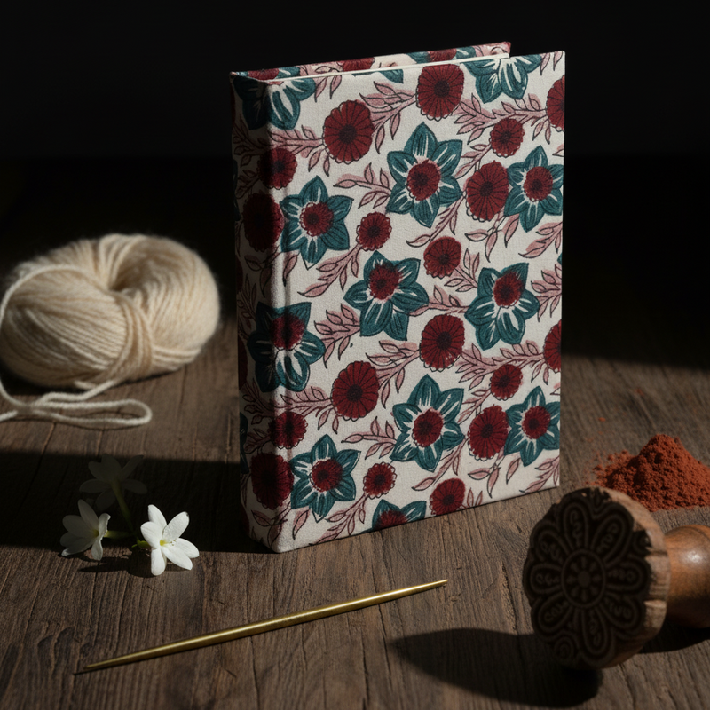White Red Sanganeri Floral Print Fabric Notebook