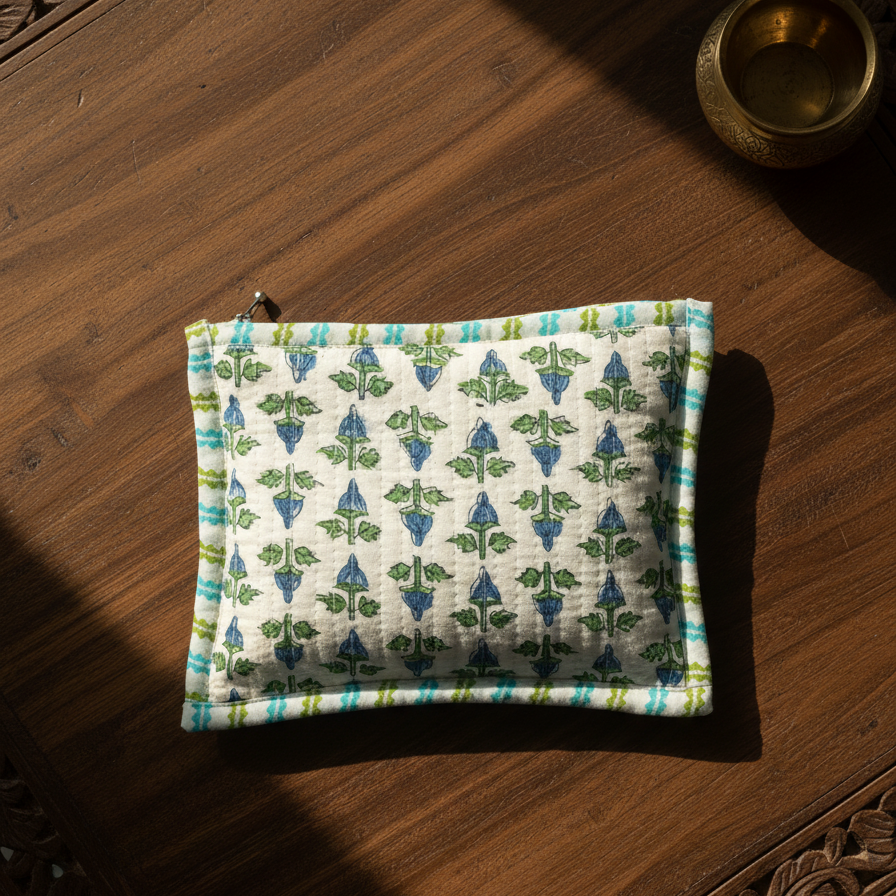 White Green Dabu Buti Print Cotton Pouch