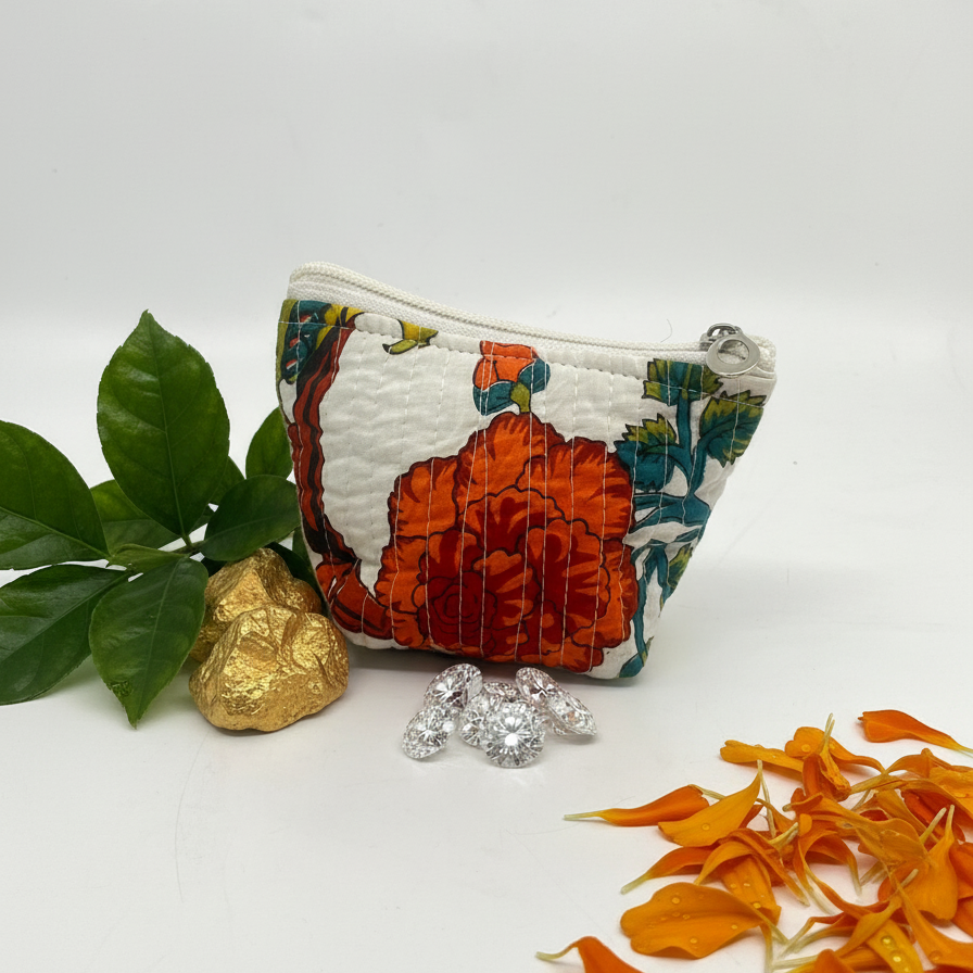 Off White Kalamkari Floral Print Coin Pouch