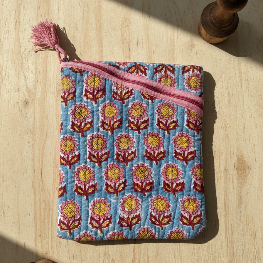 Blue Red Ajrakh Buti Print Zipper Pouch Set