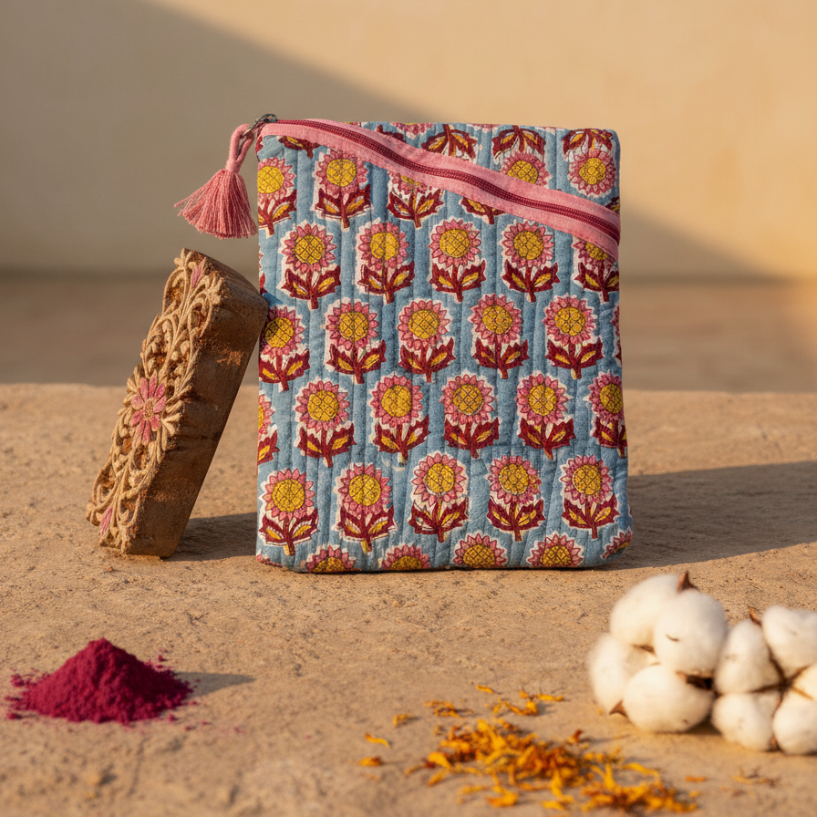 Blue Red Ajrakh Buti Print Zipper Pouch Set