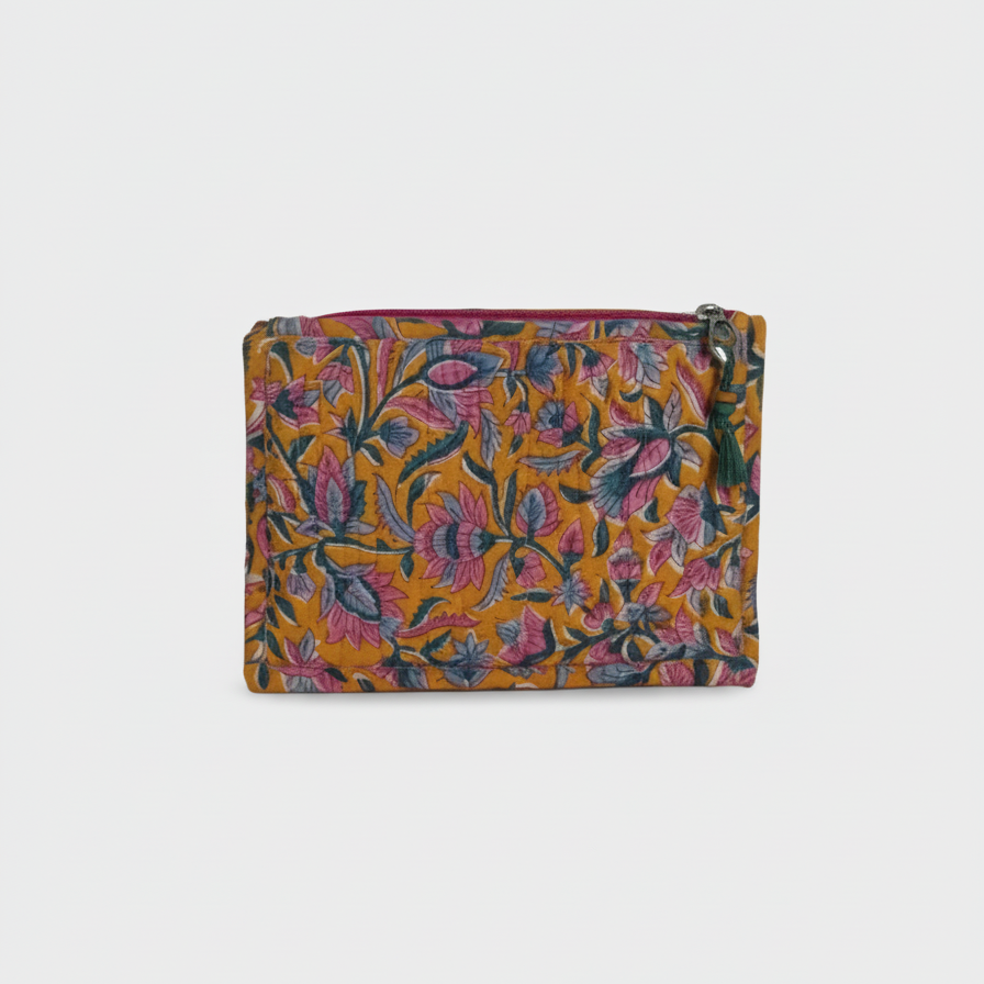 Yellow-pink Kalamkari Floral Print Vanity Case