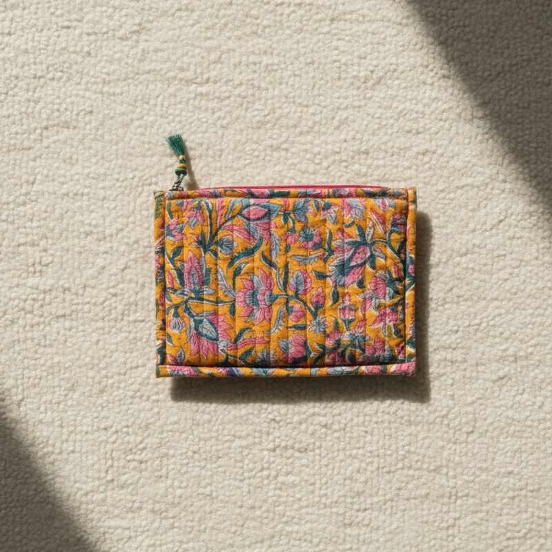 Yellow-pink Kalamkari Floral Print Vanity Case