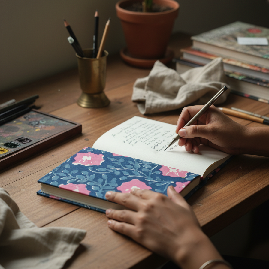 Navy Blue Kalamkari Floral Print Fabric Notebook