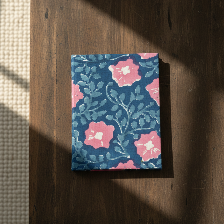 Navy Blue Kalamkari Floral Print Fabric Notebook