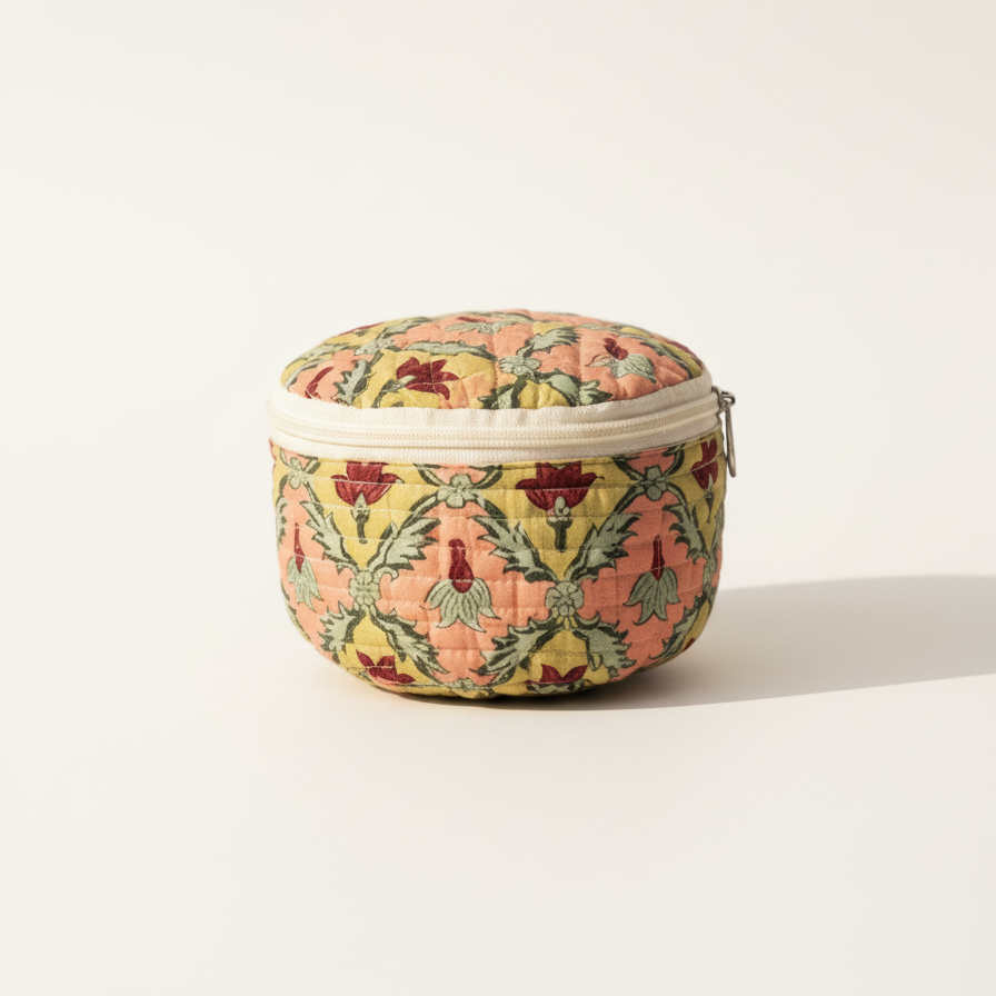 Beige Kalamkari Floral Print Round Jewelry Box