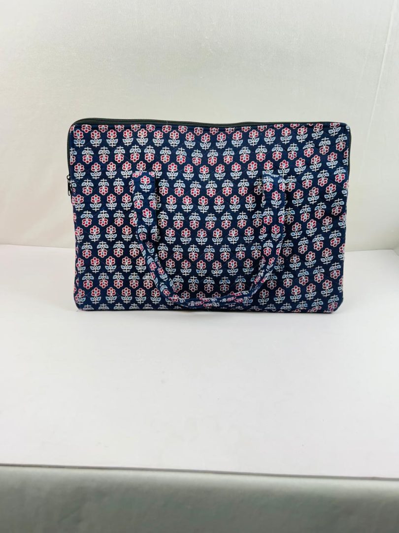 Nirjhari Handcrafted Cotton Laptop Sleeve | Navy Screen Print - Image 2