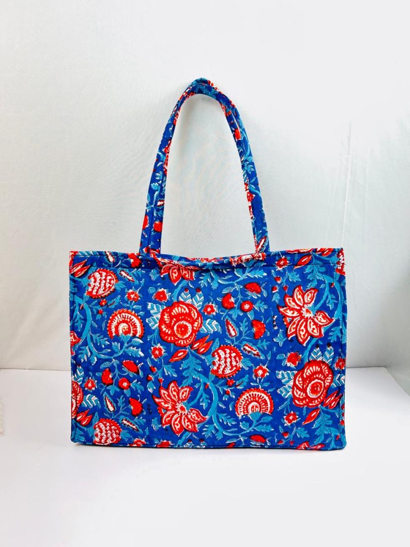 Animal Print Hand Printed & Quilted Tote Blue Bag - Image 3