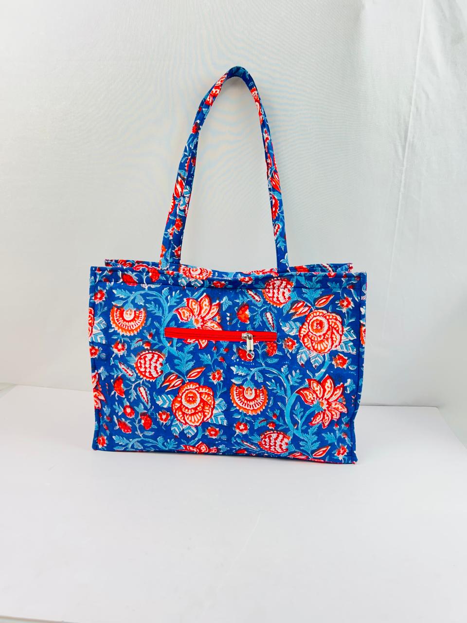 Animal Print Hand Printed & Quilted Tote Blue Bag