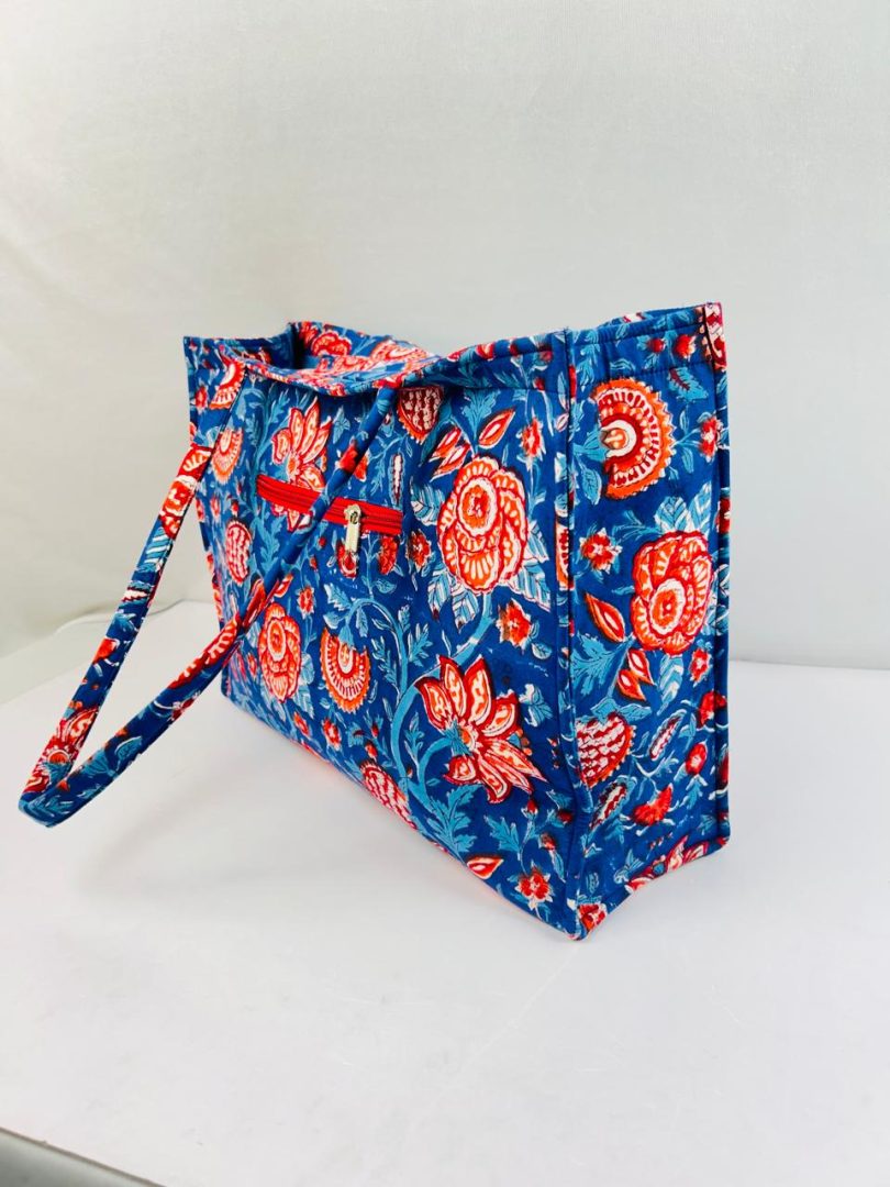 Animal Print Hand Printed & Quilted Tote Blue Bag - Image 4