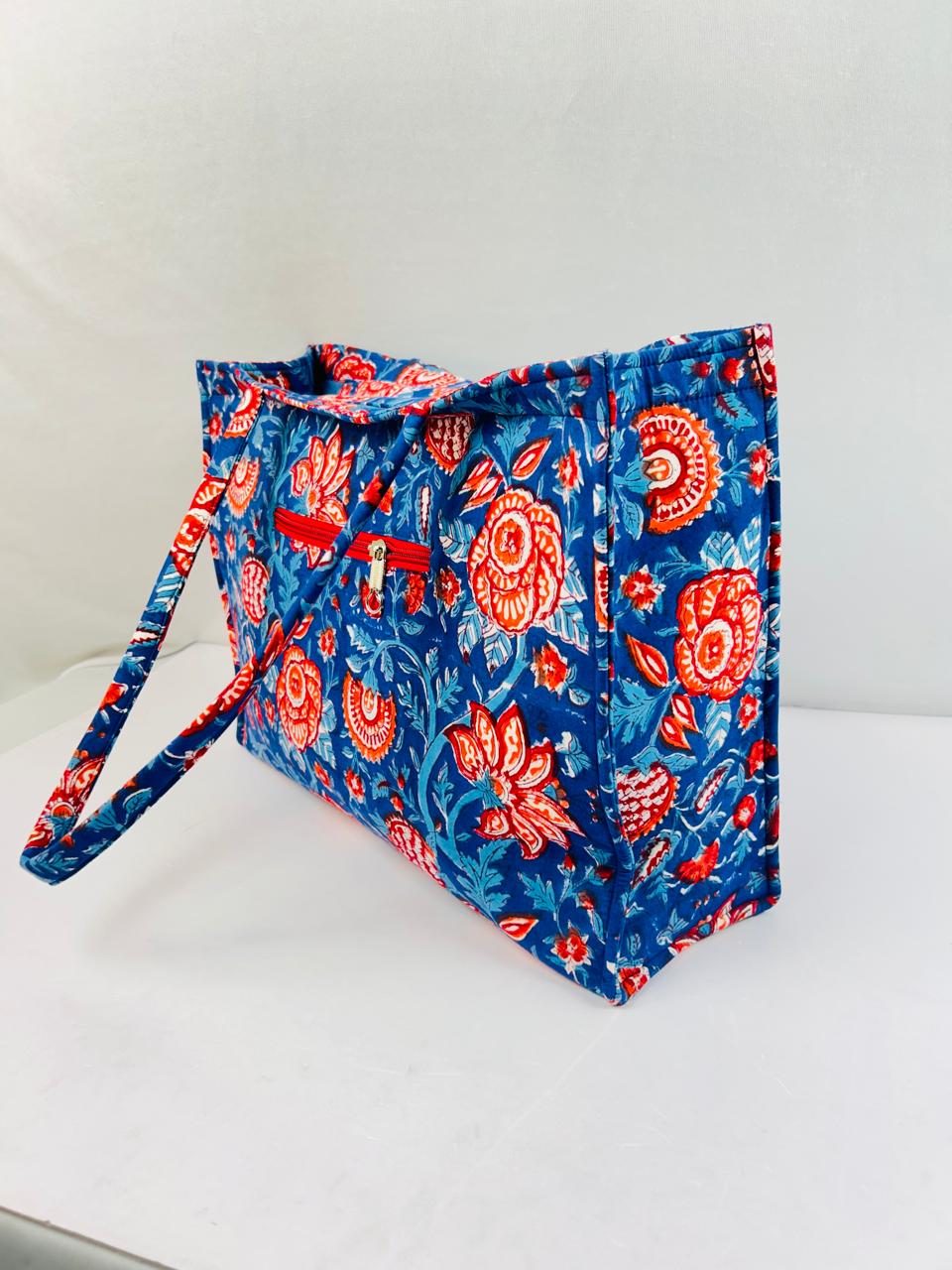 Animal Print Hand Printed & Quilted Tote Blue Bag - Image 4